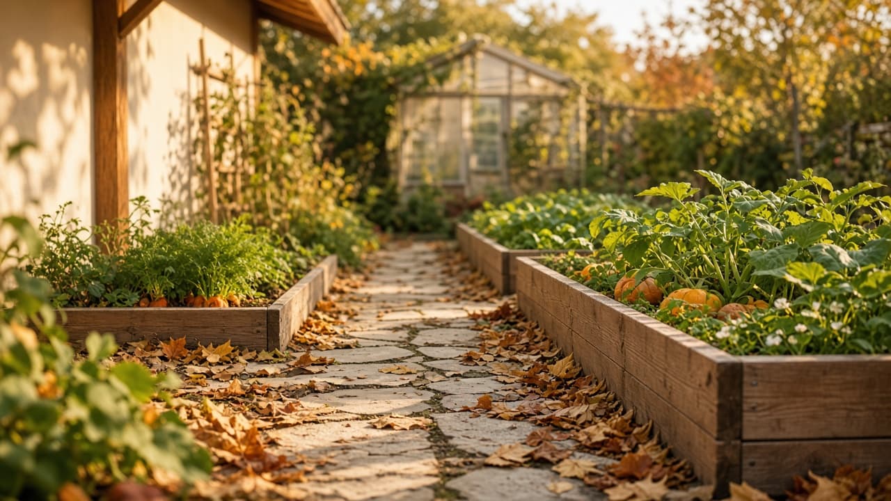 Eylül sabahı taş yol ve ahşap tarhlar; yaprak dökümü ve yumuşak ışıkta sakin okul bahçesi yürüyüş rotası, çocuk yüzü yok