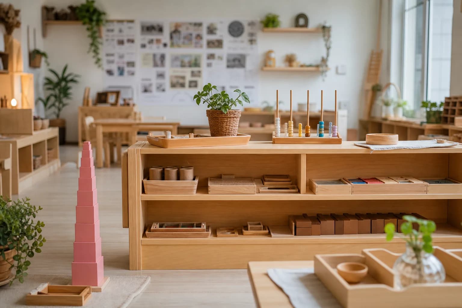 Hazırlanmış ortamda Montessori materyalleri ve ahşap raflar
