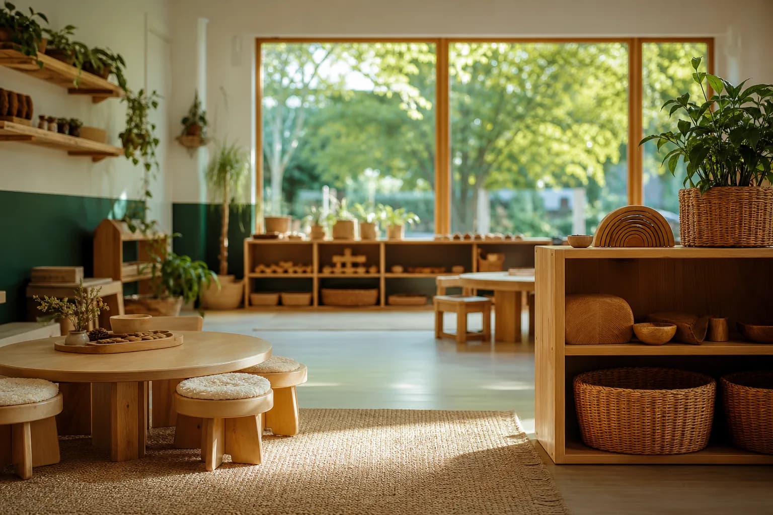 Sıcak ahşap sınıf ve hazırlanmış Montessori ortamı